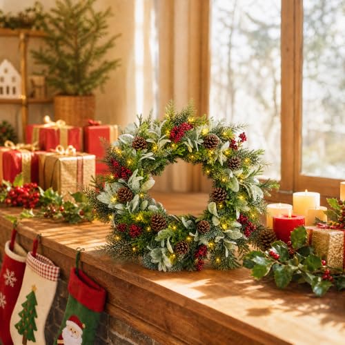 Pinkpum 22" Christmas Wreath with Lights & Timer Pinecone Berry Lamb's Ear - image 2