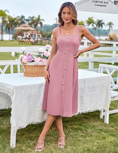 Image of GRACE KARIN Women's Summer Dress 2025 Casual Square Neck Flattering A-Line Button Down Midi Tank Sundress with Pockets
