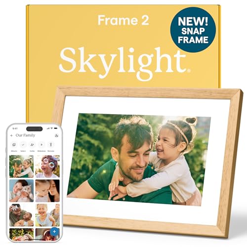 Image of Skylight Digital Picture Frame 2 - 10 inch Full HD Wi-Fi Touch Screen, 16GB Digital Photo Frame, Load Photos & Videos Directly from Phone, Anti-Glare - Personalized Gifting, Rubber Wood Birch Brown