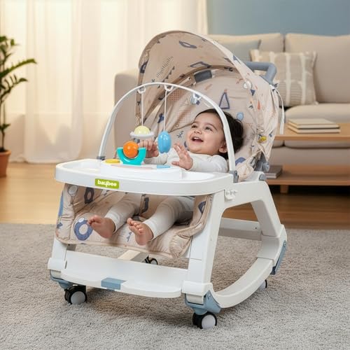 Image of Baybee 5 in 1 Baby Rocker and Feeding Chair for Babies | Portable Rocking Chair for Kids with Parent Handle, Multi Position Recline, Food Tray & Music | Baby Bouncers 0 to 3 Years Boys Girls (Grey)