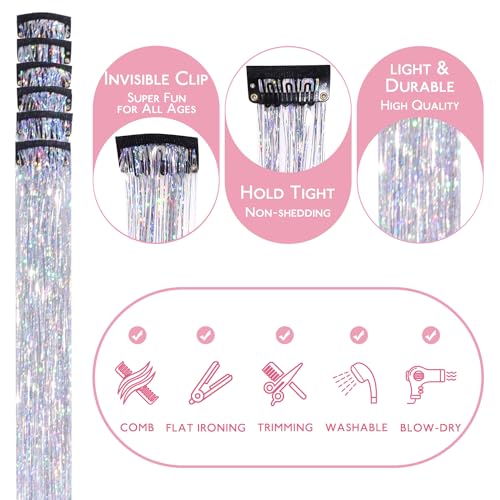 Image of WENNALIFE Hair Tinsel Clip In for Girls Silver, 6pcs 24 inch Clips Tinsel Hair Extensions Clip in Colorful Glitter Clips Sparkle Fairy Hair Accessories for Kids
