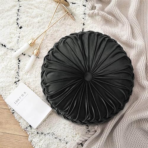Image of HIG Set of 2 Decorative Round Pleated Throw Pillows, Classy Accent Pumpkin Throw Pillows with Center Button, Vintage Velvet Floor Pillows for Sofa Vanity Chair Bed, Black, 14.5 inch Diameter(Ripple)