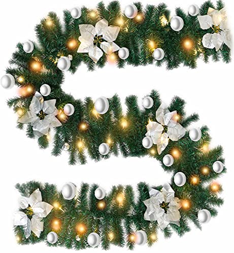 WINOK Guirlande de Noël de 2.7 m, guirlande décorée de 2.7 m illuminée avec des lumières LED blanc chaud, décoration de couronne de Noël pour escaliers, cour, décoration de vacances (argent) Cover