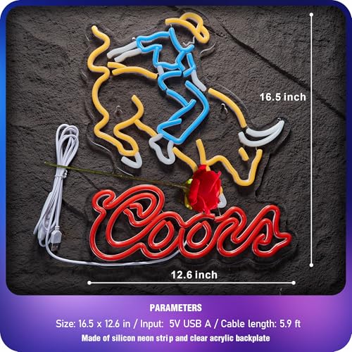 Image of Cowboy Crs Light Neon Signs for Wall Decor Rodeo Beer LED Lights for Man Cave Bar Signs with Dimmer for Bar Pub Restaurant Store Party Gift Led Art Wall Decor, 5V USB Powered , 17*13 Inch (Orange red)