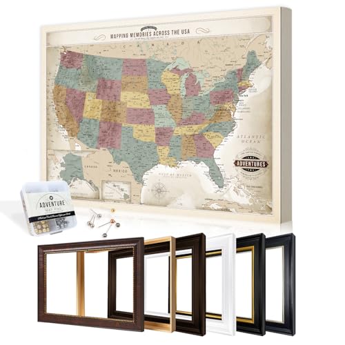 Image of DECORARTS - Oversized Personalized Push Pin Travel Map USA, Custom Name, Pin Board Canvas Wall Art, Vintage Pastel United States Decor, Optional Wood Frame, Giclee Print, Handcrafted in USA, 40x30''