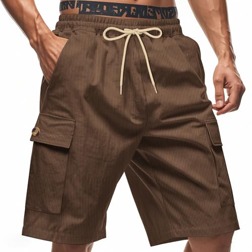 Men Corduroy Solid Color Shorts Elastic Waist Drawstring Button Decor Pants Multi Pockets Hawaiian Beach Pants