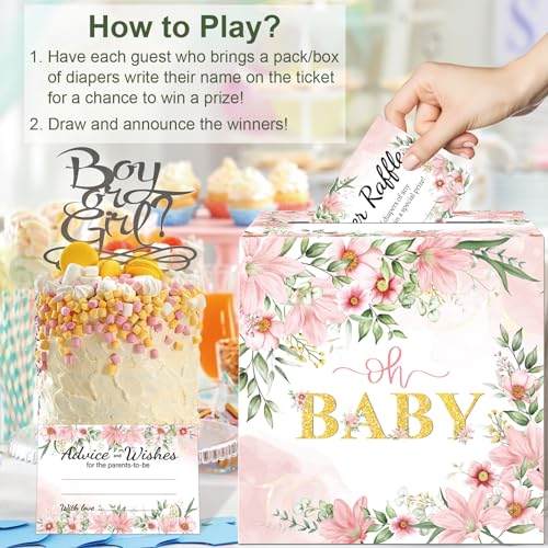 Image of Baby Shower Games, Floral Diaper Raffle Box, 50 PCS Diaper Raffle Tickets Card Box with Advice and Wishes for the Parents-to-be, Baby Shower Decorations, Diaper Raffle Sign