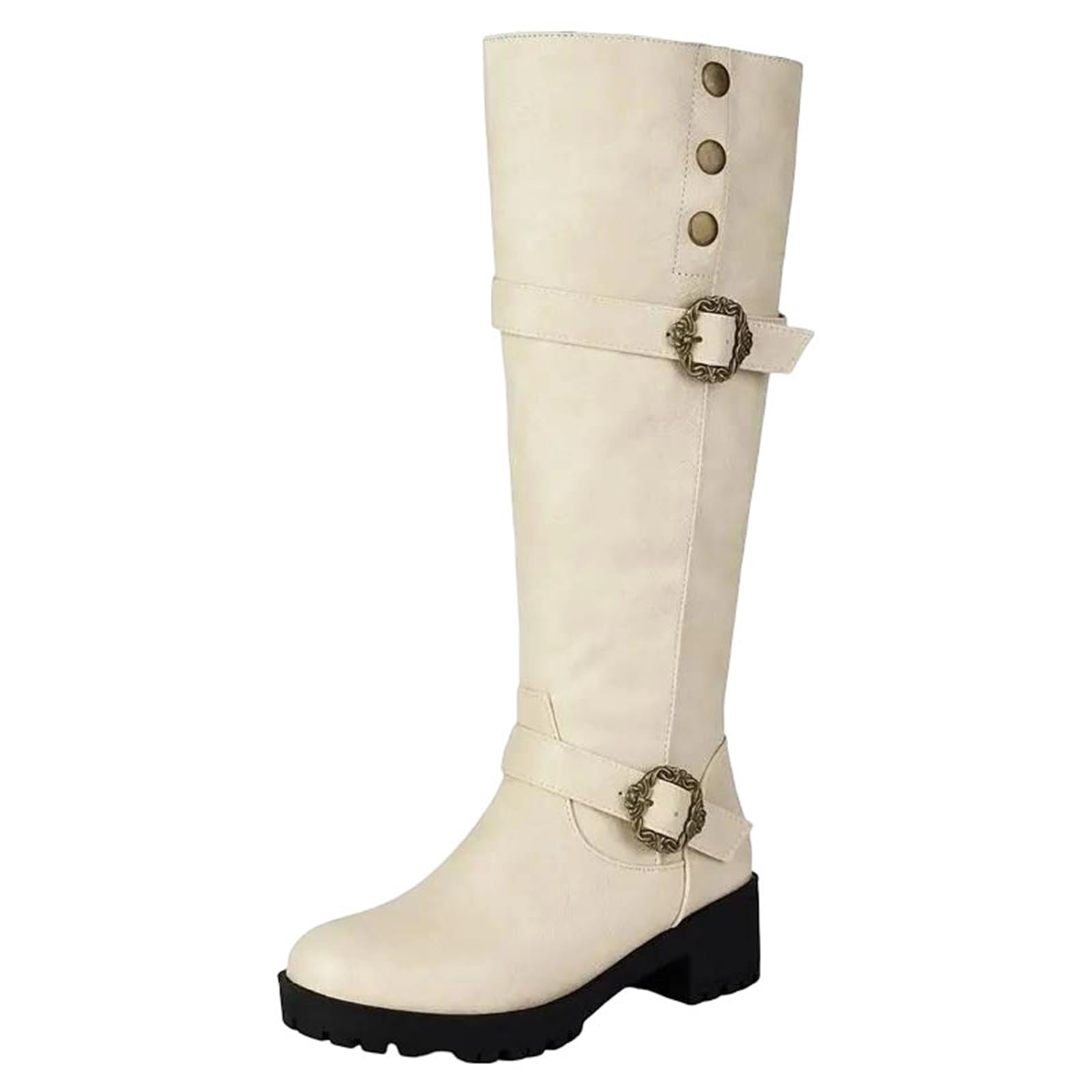 Womens Leisure Knee High Boots Round Toe Medium Block Heel Platform With Side Zipper And Metal Decoration Casual