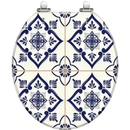 Round Toilet Seat Spanish tile pattern seamless blue white ornament Portuguese mexican Resin Toilet Seat Slow Quiet Close with Quick-Release Hinges Toilet Seat with Cover Easy to Clean Install