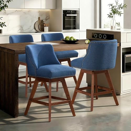 Butacos giratorios de bar, set de 4 unidades, altura para barra, con respaldo grueso y patas de madera, tapizados en tela de lino azul, para isla de cocina, bar o comedor