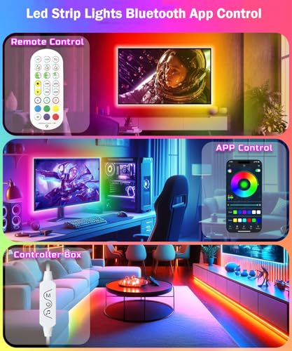 Image of LED Strip Lights for Bedroom 33 FT, IC-RGB LED Lights for Room with Remote Bluetooth APP Control, USB LED Light Strip for Ambient Lighting Room Decor Christmas Halloween