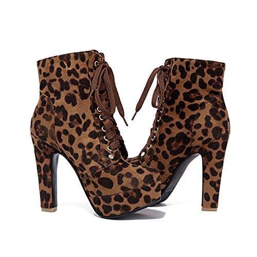 Susanny Women Autumn Round Toe Lace Up Ankle Buckle Chunky High Heel Platform Knight Leopard Martin Boots 8.5 B (M) US