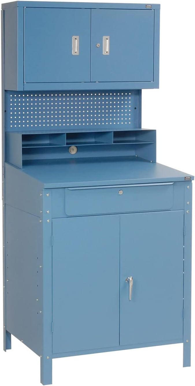Global Industrial Shop Desk w/Lower Cabinet, Pigeonhole Compartments w/Upper Cabinet, 34-1/2"W x 30" D x 80" H, Blue