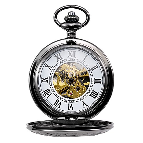 Image of TREEWETO Mens Skeleton Mechanical Pocket Watch, Retro Roman Numerals, Half Hunter, Bronze