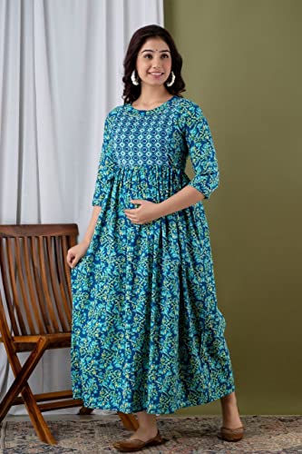 Image of Women's Feeding Kurta Cotton | Floral Anarkali Pregnancy Kurta with Nursing Zipper | Pre & Post Partum | Maternity Dresses | Mom to Be Gift