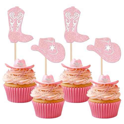 24 PCS Cowboy Cupcake Toppers Glitter Cowgirl Hats Boots Cupcake Picks Western Party Decorations for Boys Girls Western Theme Baby Shower Birthday Party Cake Decorations Supplies Light Pink