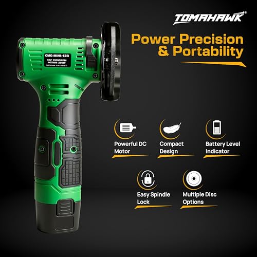 Image of TOMAHAWK CMG-12B Mini Cordless Angle Grinder 75mm / 3 inch- 2 x 1.5 Ah, 12V Powerful DC Motor, 19500 RPM With Abrasive Wheels for Cutting, Grinding & Polishing Metal, Marble & Stone
