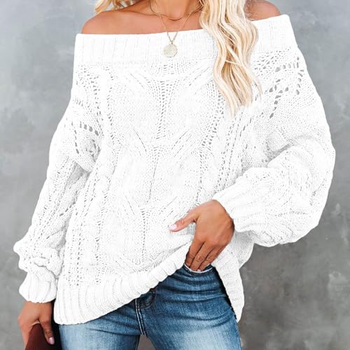 Fall Sweaters Off Shoulder Long Sleeve Crochet Hollow Out Pullover Top Winter Casual Chunky Cable Knit Sweater for Women3