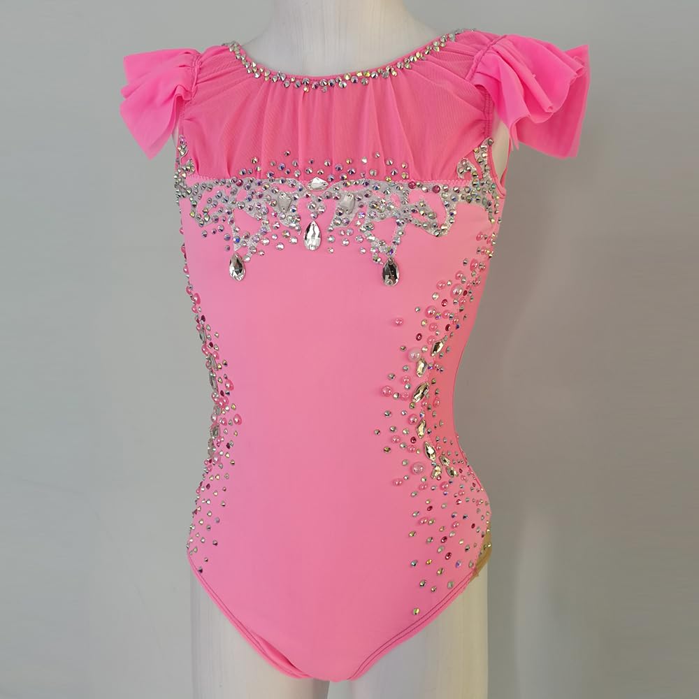 LIUHUO Maillot de gimnasia rítmica rosa sin mangas Flash Drill Competición Performance ropa
