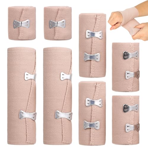 8 Pcs Bandages de Compression, Bandage Elastique Lavables et Réutilisables avec Clips Auto-agrippants pour Chevilles, Genoux, Poignets, Mains, Pieds et Jambes...