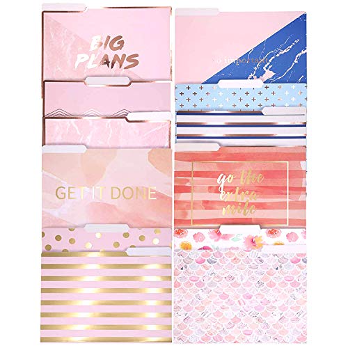 UNIQOOO 12 Design Rose Gold Blue Decorative File Folders Thick Paper Organizer, w/Inspirational Quotes, Pastel Floral Marble Embellished, Home Office Manila Folder 2021 Planner 1/3 Cut Tab, Gift Box