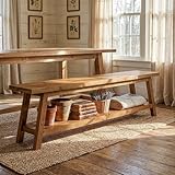TRIBEWOOD 63” Wood Dining Room Bench, Farmhouse Kitchen Bench with Storage Shelf, Solid Wood Rusit Backless Bench for Dining Table, Extra Long Seating for Kitchen Room