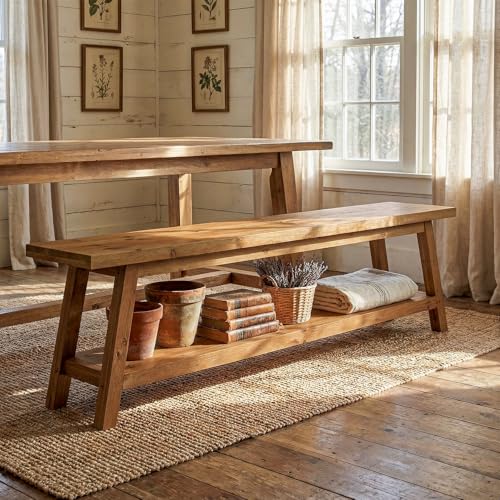 Tribesigns Solid Wood 63-inch Long Dining Bench with Storage Shelf,