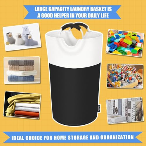 Image of 90L Large Laundry Basket, Collapsible Laundry Bag, Freestanding Tall Clothes Hamper, Foldable Washing Bin (Black & Beige)