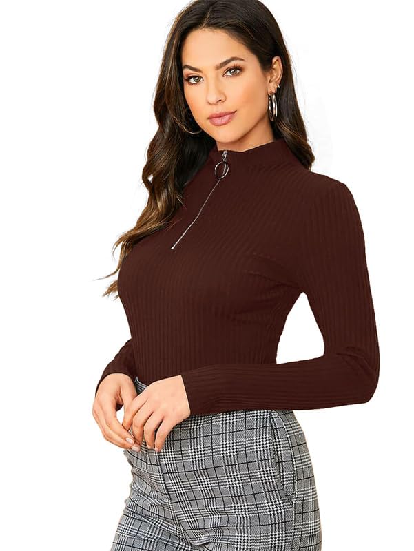 Dream Beauty Fashion Women’s Half Zip Mock Neck Long Sleeve Slim Fit Casual Tee Top, 23″ inches (Thar-01-P)