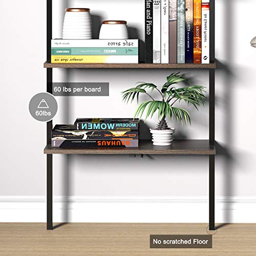 Ladder Shelf Bookshelf, 5 Tier Wall-Mounted Industrial Ladder Bookcase, Open Wood Storage Organizer with Metal Frame, Utility Rack Plant Stand for Living Room, Kitchen, Office