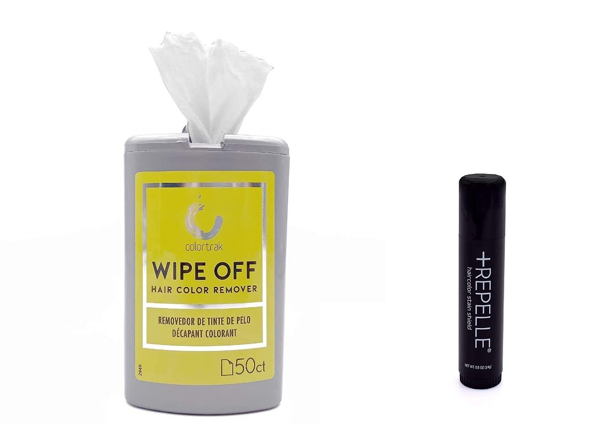 Hair Color Remover Wipes Dispenser (50 Wipes) and Repelle Professional Stain Shield 0.5 Oz - Combo Kit to Protect and Remove Hair Color Stains