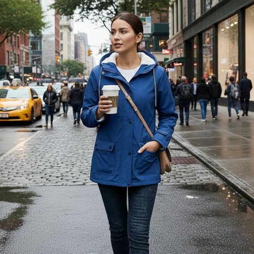 chiguomaoyi Mujeres Chaquetas impermeables al aire libre Softshell Chaqueta con capucha Windbreak Impermeable para el otoño invierno (Azul oscuro,L) - imagen 3