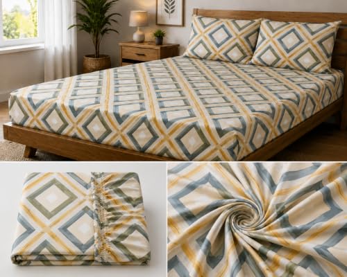 Image of Fitted Bedsheet Multicolor Diamond Print Glace Cotton 210 TC | King Size for Double Bed Fits 6 x 6.5 ft Mattress (72 x 78 Inch) | All Around Elastic | 2 Pillow Covers | 10 Inch Deep Pocket