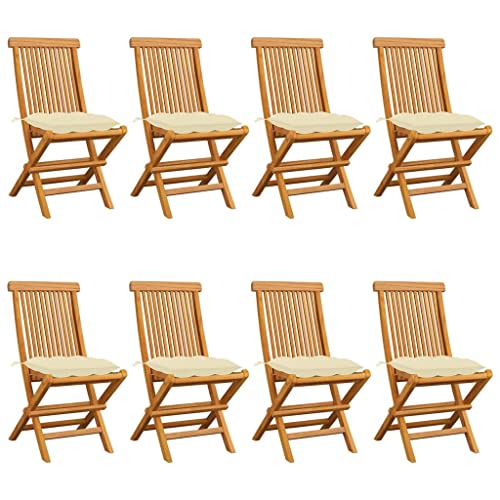 Kaloriko Sillas de jardín con cojines de color blanco crema, 8 unidades, madera maciza de teca, plegables, resistentes a la intemperie, con cojín acolchado para balcón, terraza, exteriores, ahorran
