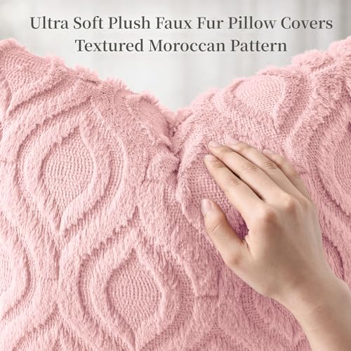 Image of decorUhome Fall Throw Pillow Covers 16x16 Inch Set of 2, Soft Plush Faux Wool Pink Solid Couch Pillow Covers, Accent Farmhouse Neutral Square Pillow Cases for Sofa Bed Living Room