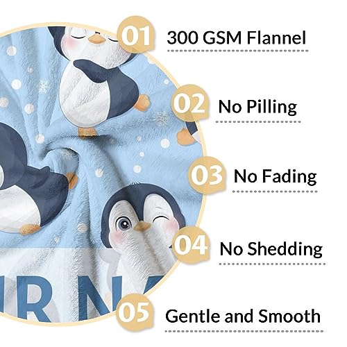 Custom Penguin Blankets with Name - Soft Warm Blanket Throw for Kids, Adults - 40"x50" Flannel Blankets for Couch, Sofa - Blue Cute Blanket Gifts