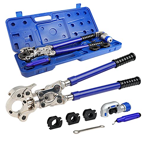 ATOLS 1632AF Copper Tube Fittings Crimping Tool with 1/2, 3/4 and 1-Inch Crimper Interchangeable Jaws, Copper Pipe Pressing Tool Kit with Cutter & Deburring Tool for Pro-Press Copper Fitting