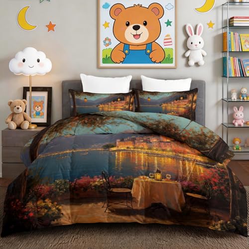 Edredón Amarillo Reversible 220 x 240 cm Onírico Arquitectura Lago Flores Silvestres - Relleno Nórdico Ligero para Todo el Año con 2 Fundas de Almohada - Microfibra Suave, Antiácaros e Hipoalergénico