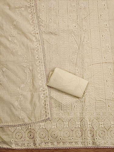 Image of Pandadi Saree Women's Elegant Lucknowi Work with Modal Cotton Chanderi and Embroidered Dupatta Unstitched Dress Material