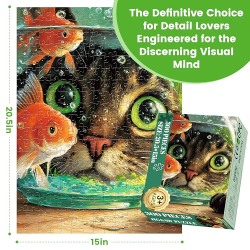 Puzzle de 300 piezas para adultos con gato y peces dorados, 20.5 x 15 pulgadas, arte divertido de mascotas miniatura 4