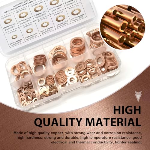 Image of Pack-200 Car Flat Gasket Combination Set, Oil Pan Plug Leak-Proof Sealing Gaskets, M5 M6 M8 M10 M12 M14 9 Specifications Copper Metric Washers with Storage Box, Universal for Most Cars (Gold)