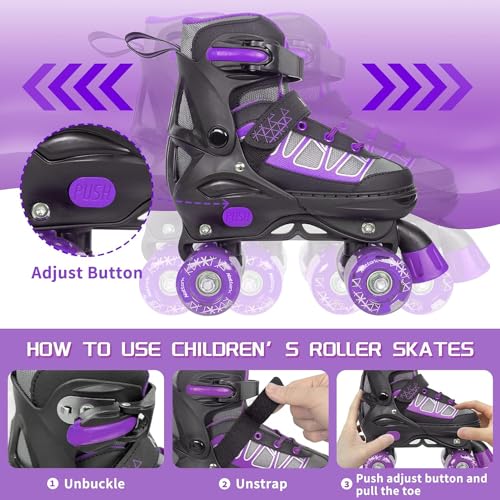 Image of Kids Roller Skates for Girls, Purple Adjustable Rollerskates with Light Up Wheels for Teens Youth Ages 6-12 10 11 12, Beginners Outdoor Sports Toys, Best Birthday Gift for Girls Kids
