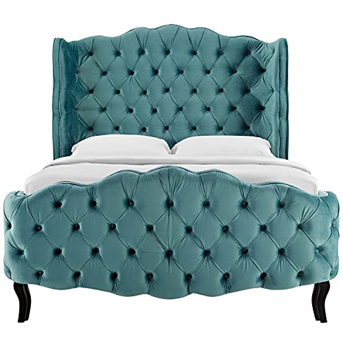 Modway Violette Performance Velvet Tufted Wingback Queen Platform Bed In Sea Blue #TOP6