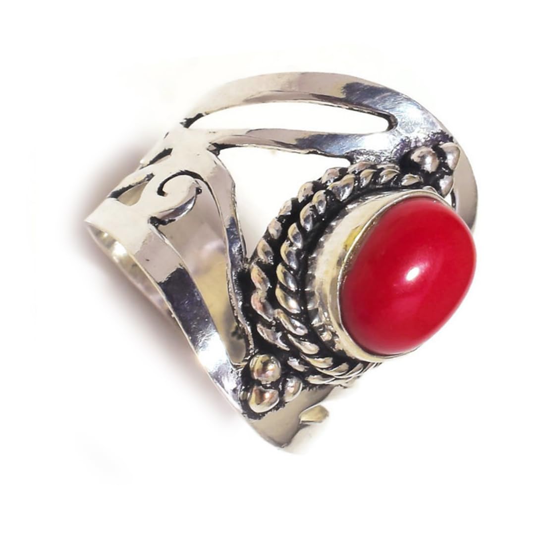 Jewels House Red Coral Cabochon Oval Gemstone Handmade Rope Bezel Statement Filigree Ring US-7, Gemstone, Coral