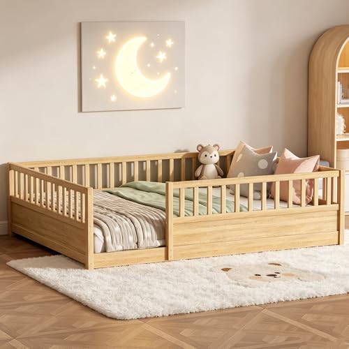 Image of Bellemave Queen Size Kids Montessori Floor Bed,Solid Wood Floor Bed Frame with High Fence and Door for Kids,Girls,Boys,Natural