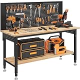 CAMMOO 60' Work Bench Adjustable Height with Storage Shelf, Max Load 2000 LBS Heavy Duty Rubberwood Tabletop with Pegboard, LED Light, Built-in Power Strip for Woodworking Shop, Garage, Home