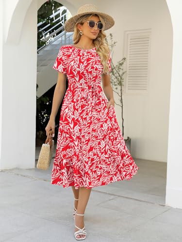 Image of Lyrur Women's Dresses Casual Summer Tiered Midi Dress Short Sleeve Belted Ruffle Babydoll Boho Sundress with Pockets