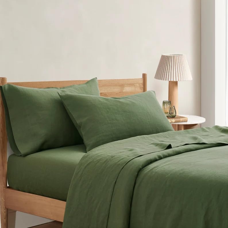 Gaytri Handicraft 100% Linen Sheet Set Queen King Size, Moss Green French Flex Solid Color Washed Breathable Bed Sheet, 3 Pcs Farmhouse Bedding 1 Flat Sheet, 2 Pillowcases (Twin 66x96)