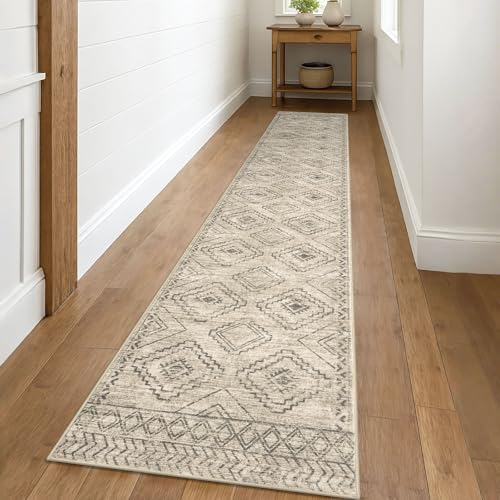 KILOCOCO Hallway Runner Rug 2'x10' Runners for Hallways Washable Runner Rug Non Slip Rubber Backed Low-Pile Runners for Bedroom Kitchen Living Room Laundry Room Boho Rugs, Beige/Gray/Green