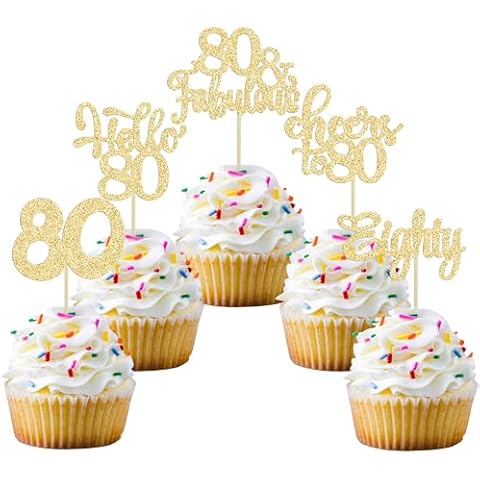 Gyufise 30Pcs Happy 80th Birthday Cake Topper, Gold, for Birthday Anniversary Party Decorations Cover